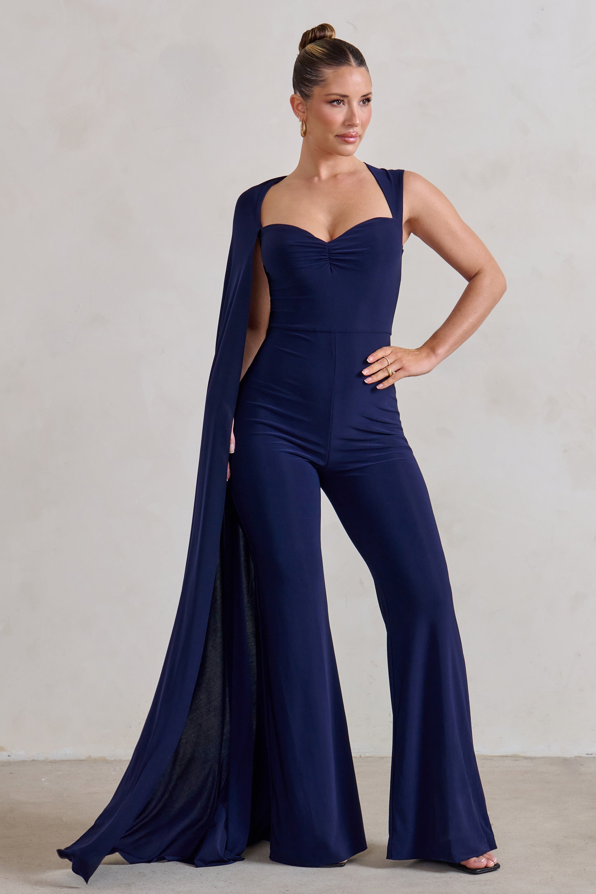 Seraphine London™ | Navy Asymmetric Cape Sleeve Jumpsuit