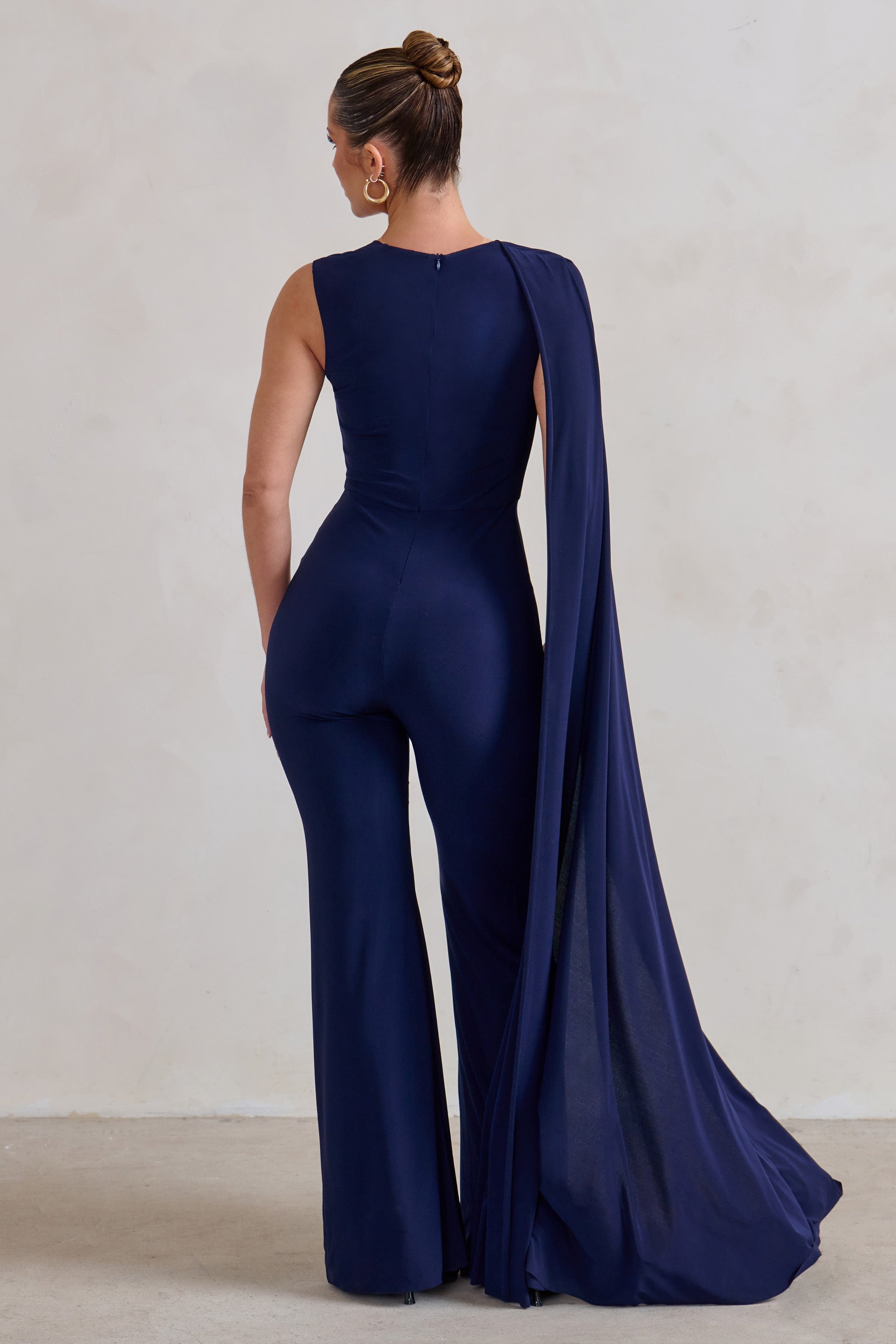 Seraphine London™ | Navy Asymmetric Cape Sleeve Jumpsuit