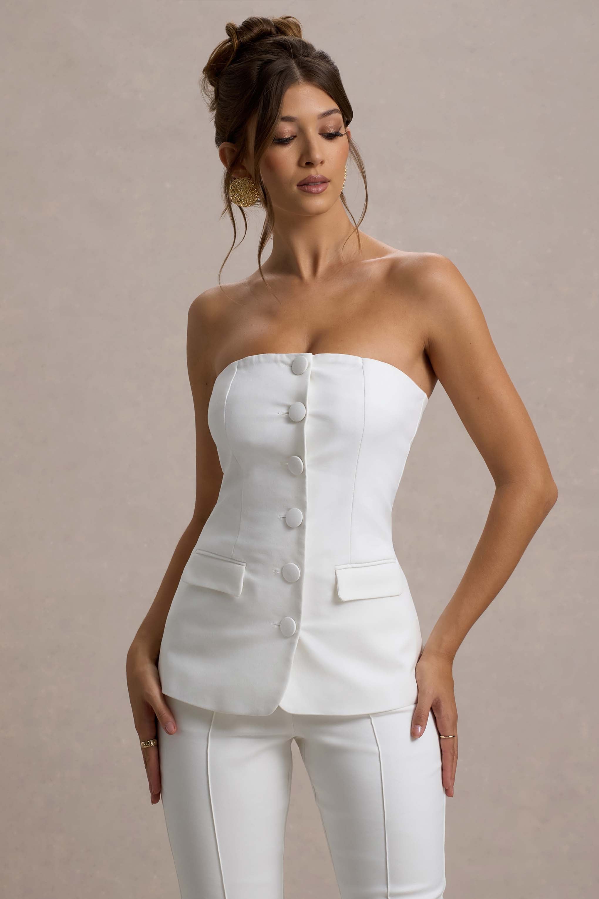 Seraphine London™ | White Strapless Button Front Tailored Top