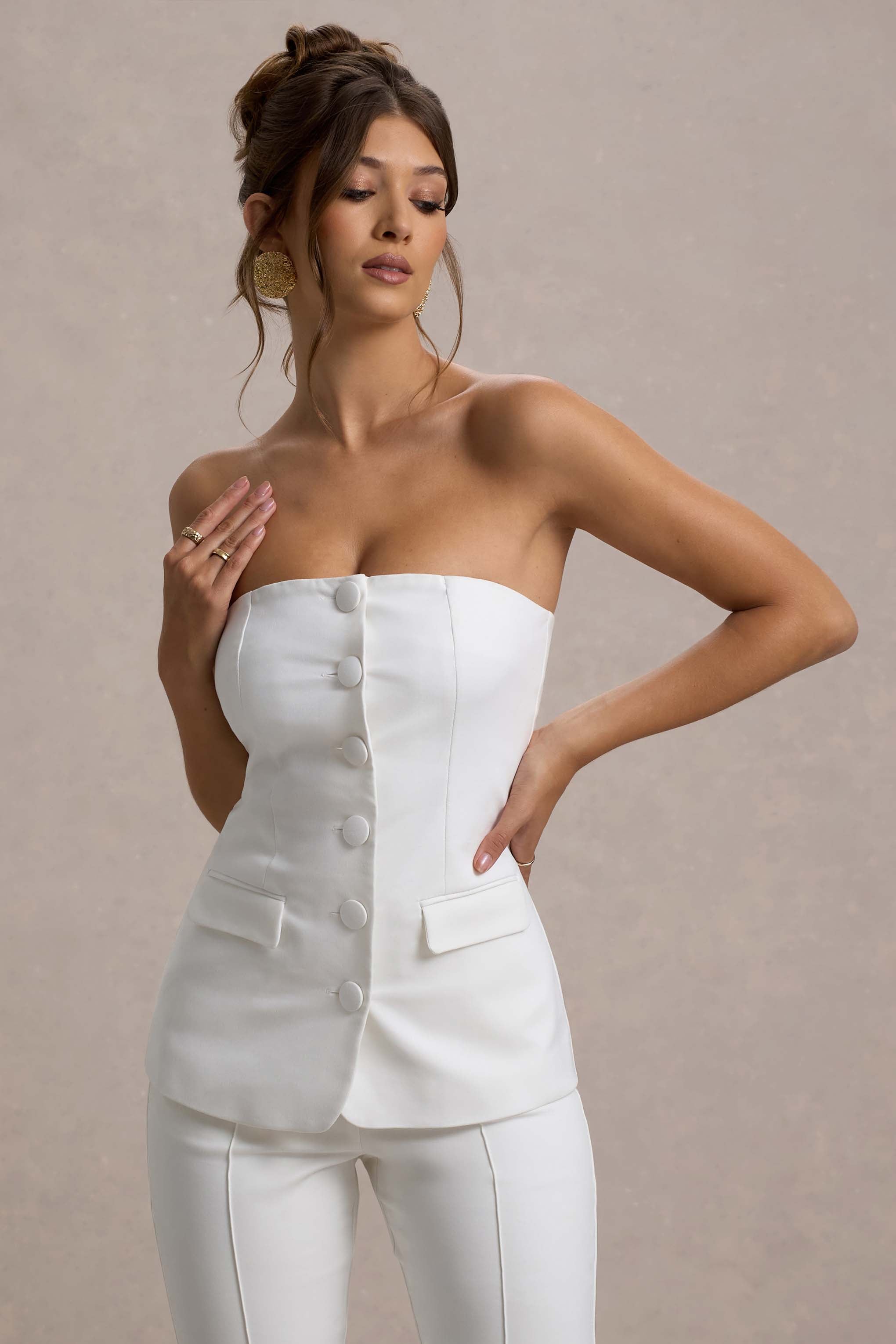 Seraphine London™ | White Strapless Button Front Tailored Top