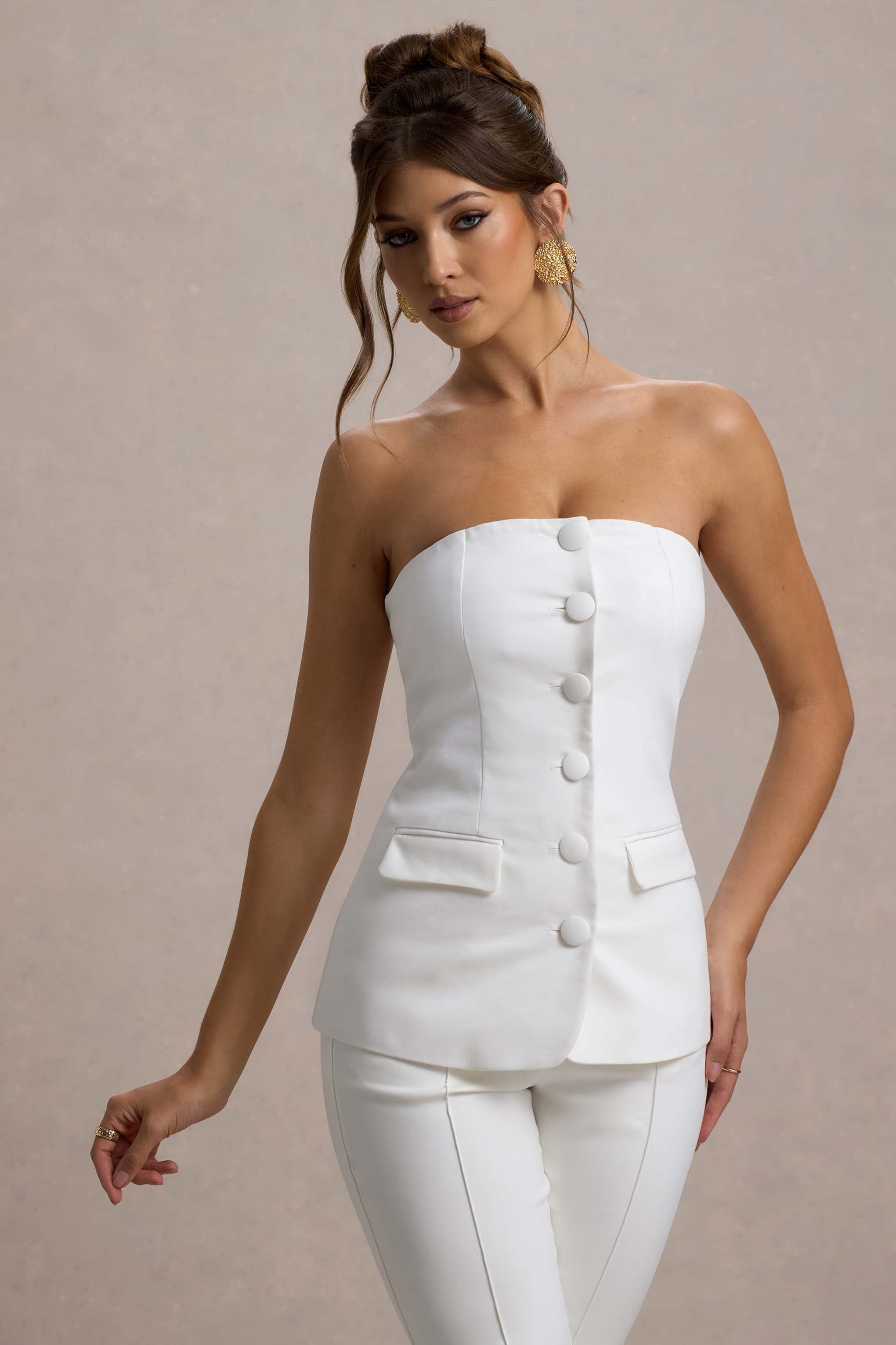 Seraphine London™ | White Strapless Button Front Tailored Top