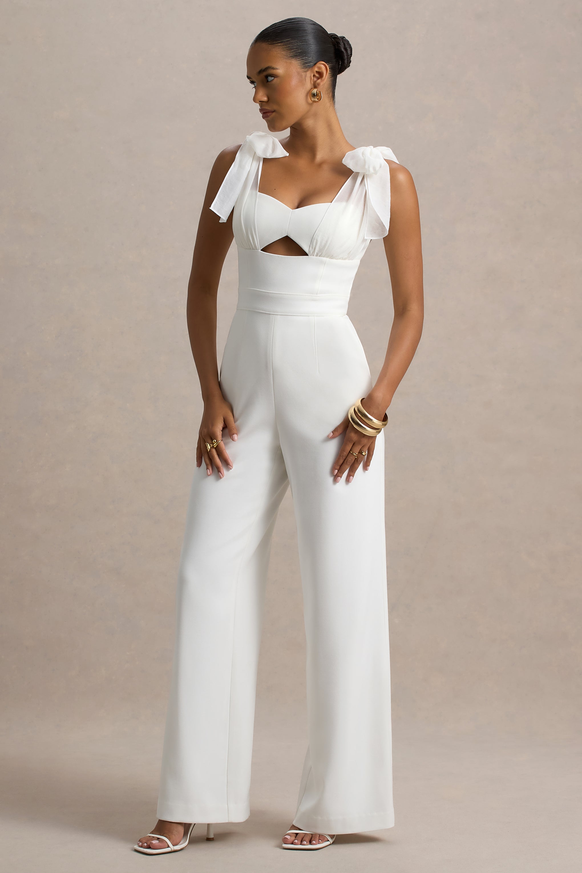 Seraphine London™ | White Flared-Leg Jumpsuit With Organza Bow Straps