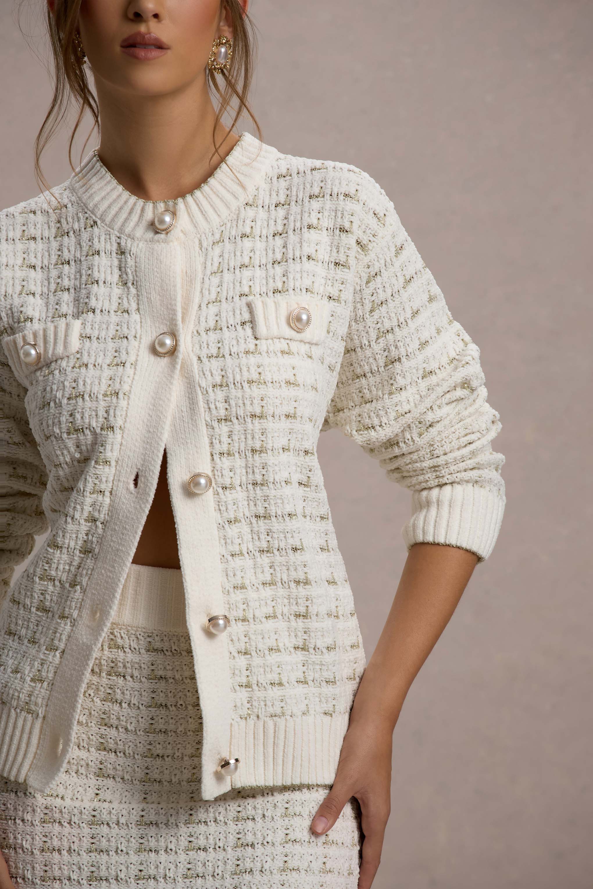 Seraphine London™ | Cream Boucle Pearl-Button Cardigan